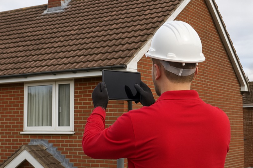 RoofDoctor surveyor documenting tile condition from scaffold tower