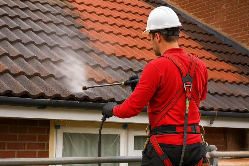 RoofDoctor technician softwashing tiles with safety lines and protective sheeting in place