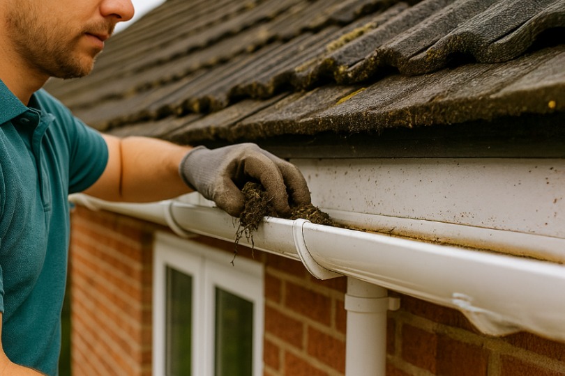 Crew member tidying gutters and rinsing down paths after cleaning