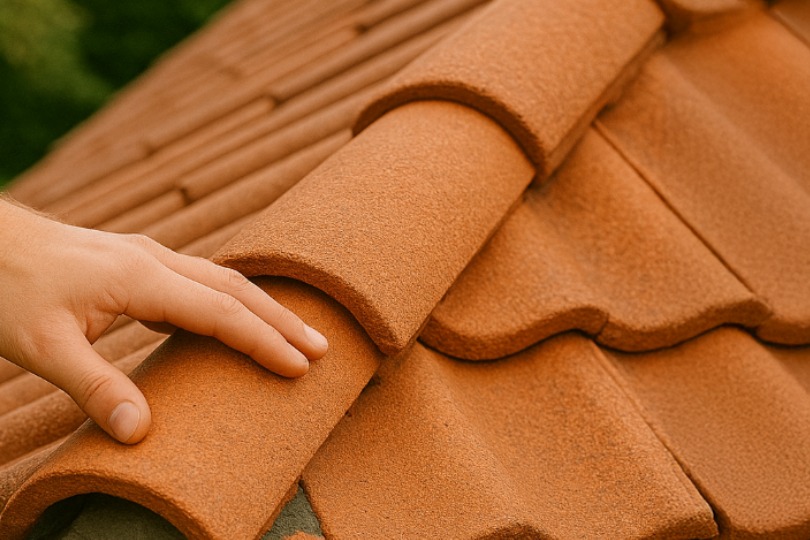 Roof tile and ridge repair work in progress