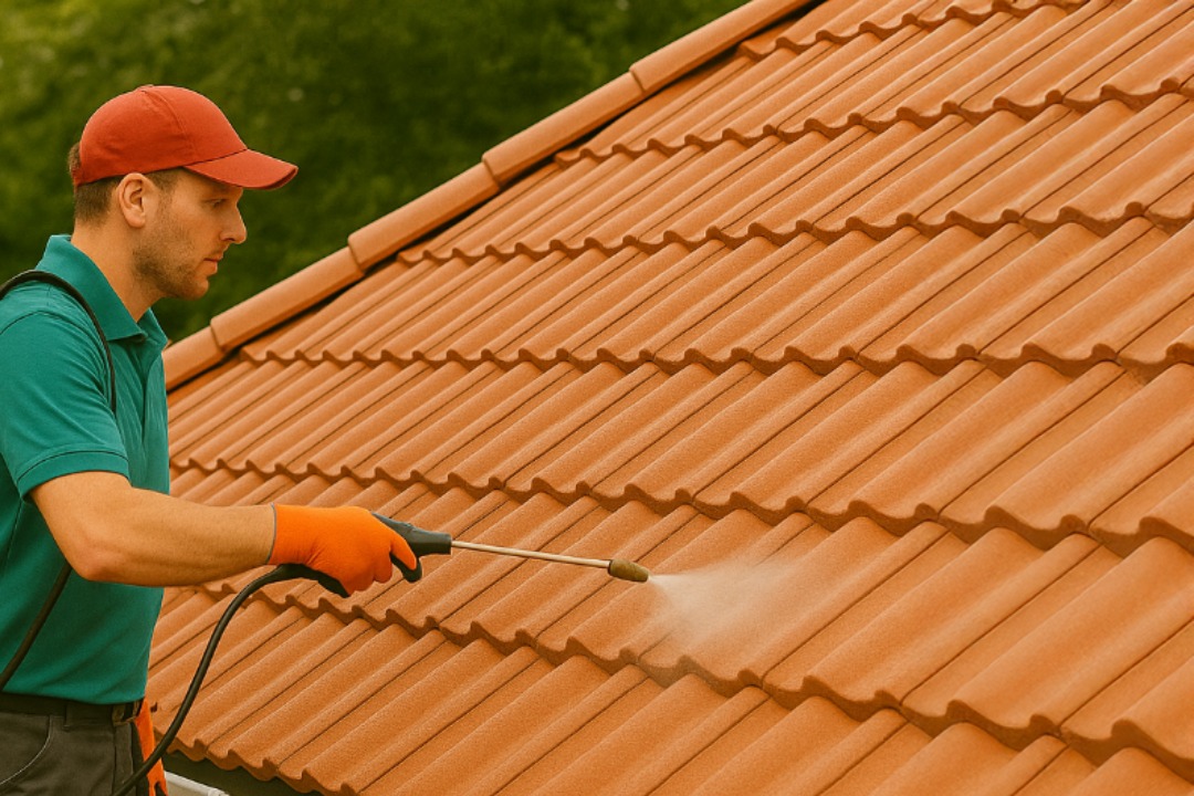 RoofDoctor potective spray coating being applied to roof tiles