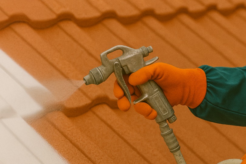 Technician spraying protective roof coating with masked skylights and trims